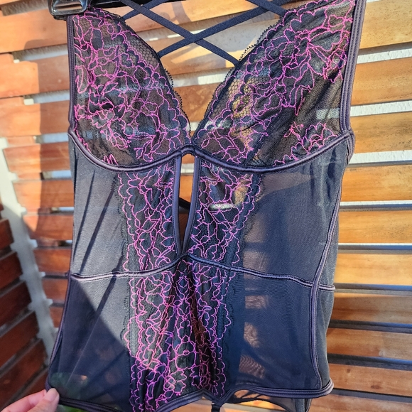 BRAS N THINGS corset bustier garter belt black mesh purple lace size 10 - Picture 12 of 14